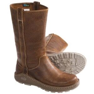 Chaco Brown Combat Moto Boots with Distressed Leather and Durable Sole
